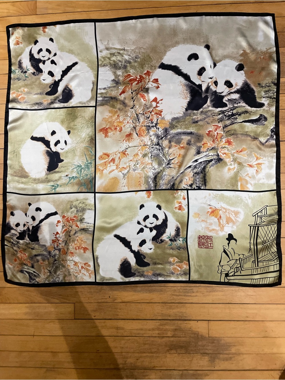 Silk  Panda Print Scarf in Sage and Ivory hand rolled edges 35 inches square